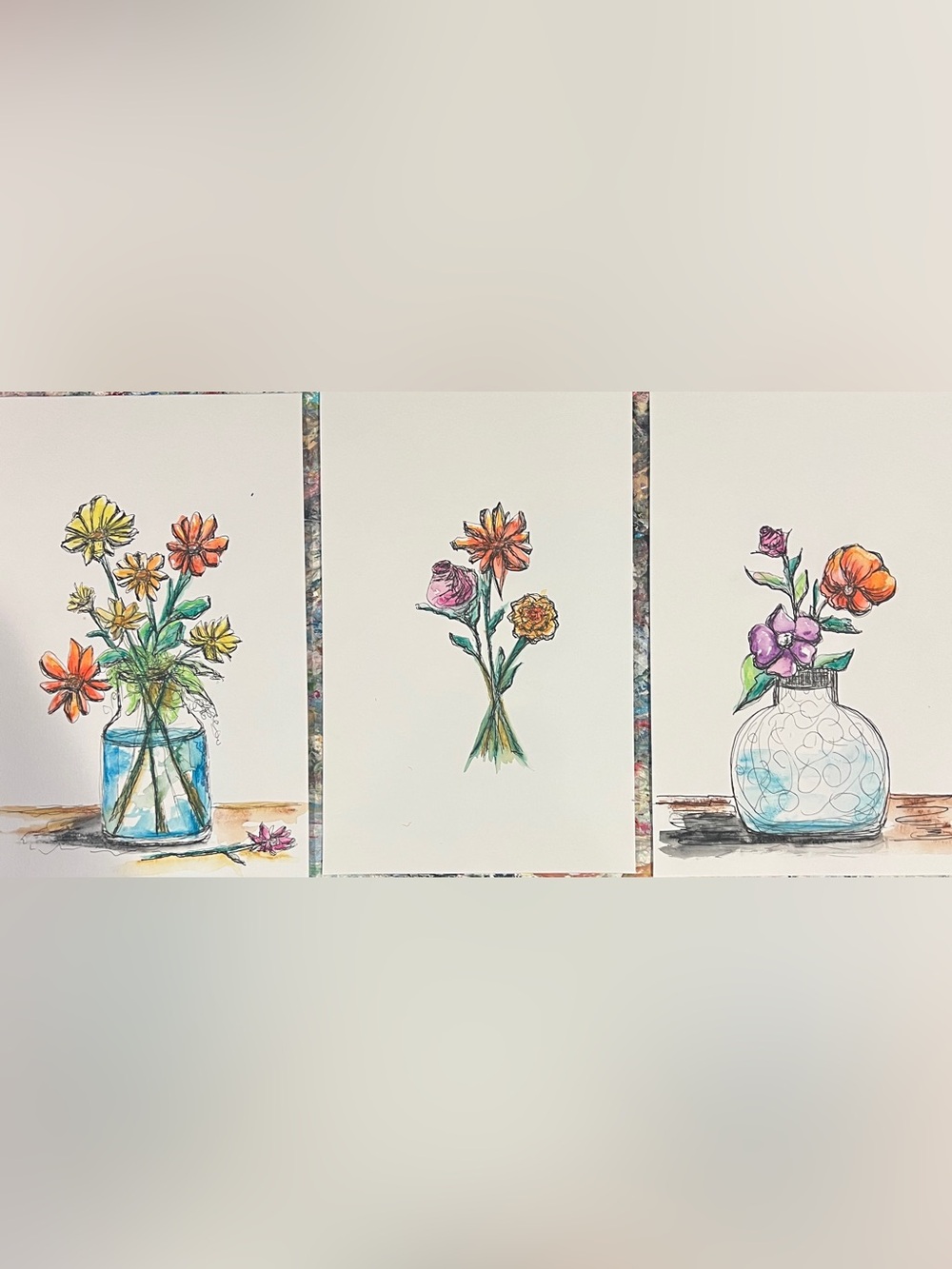 Set of 3 handpainted ink and watercolor flowers art